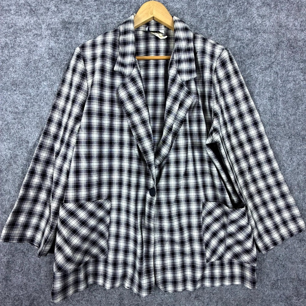 Vintage Willow Bay Blazer Jacket Womens 14 White Gray Plaid Button Front Preppy